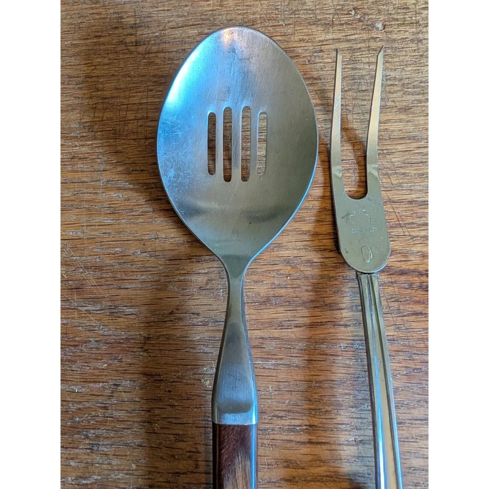 Vintage 1960s EKCO Flint Stainless Slotted Serving Spoon and Meat Fork Set MCM
